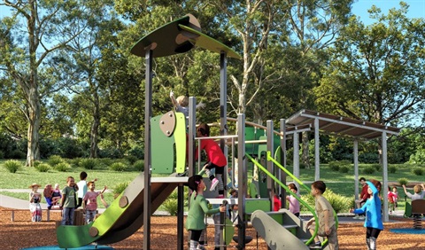 Computer rendering of children playing in Sandy Beach playground concept design